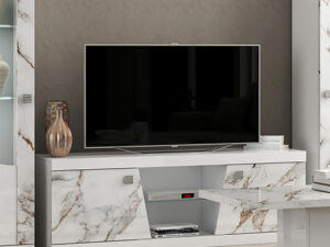 Meuble TV 160 cm de salon de style luxueux et moderne en blanc laque et effet marbre avec deux portes et une niche collection GALAXY