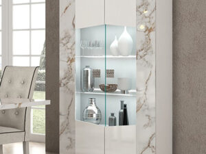Meuble vitrine vaisselier de style luxueux et moderne en blanc laque et effet marbre avec deux portes collection GALAXY