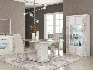 Ensemble salle a manger complete de style luxueux et moderne en blanc laque et effet marbre avec table dressoir et vitrine collection GALAXY