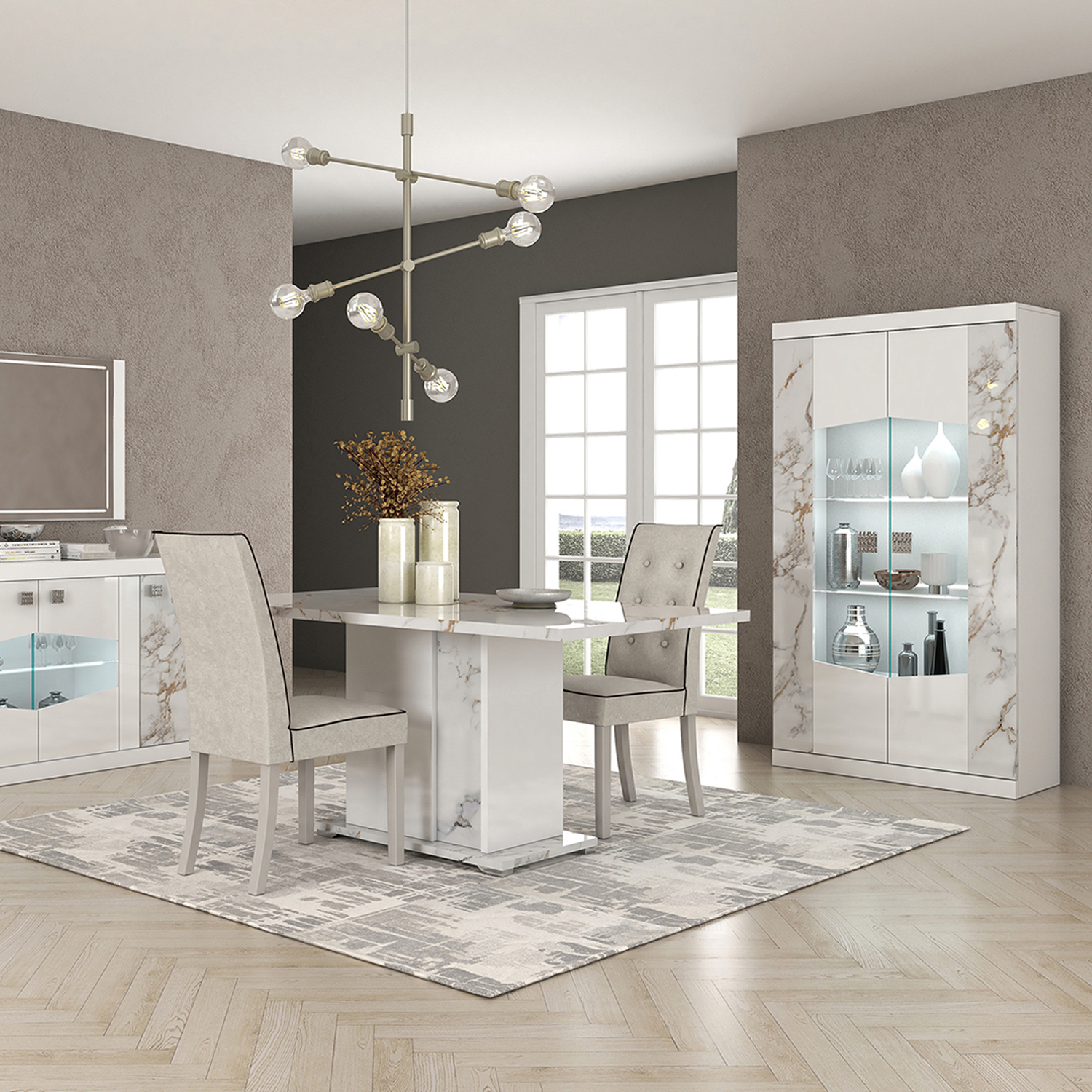 Ensemble salle a manger complete de style luxueux et moderne en blanc laque et effet marbre avec table dressoir et vitrine collection GALAXY