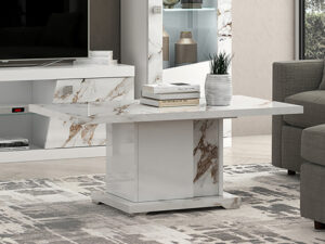 Table de salon basse de style luxueux et moderne en blanc laque et effet marbre collection GALAXY