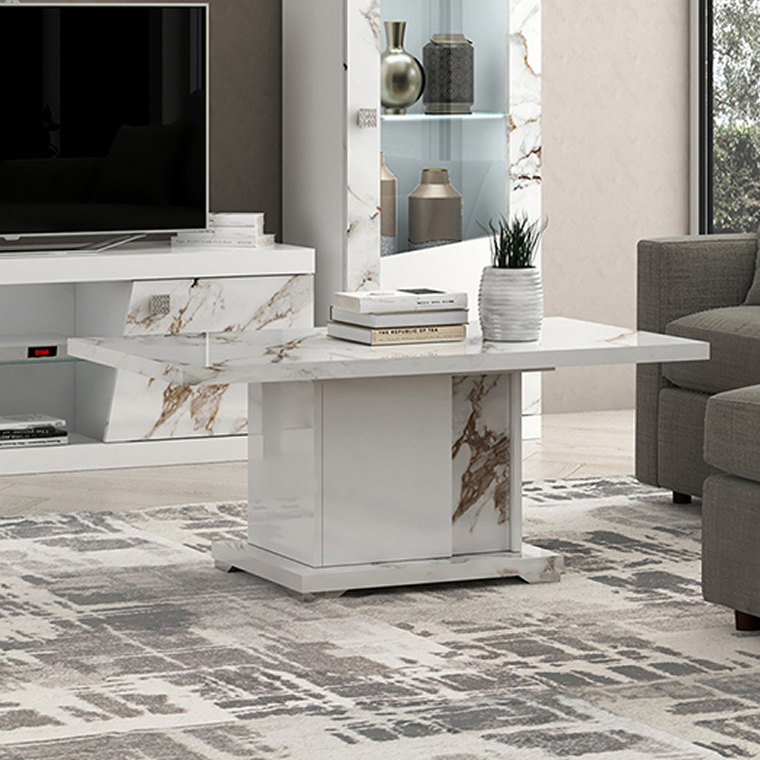 Table de salon basse de style luxueux et moderne en blanc laque et effet marbre collection GALAXY