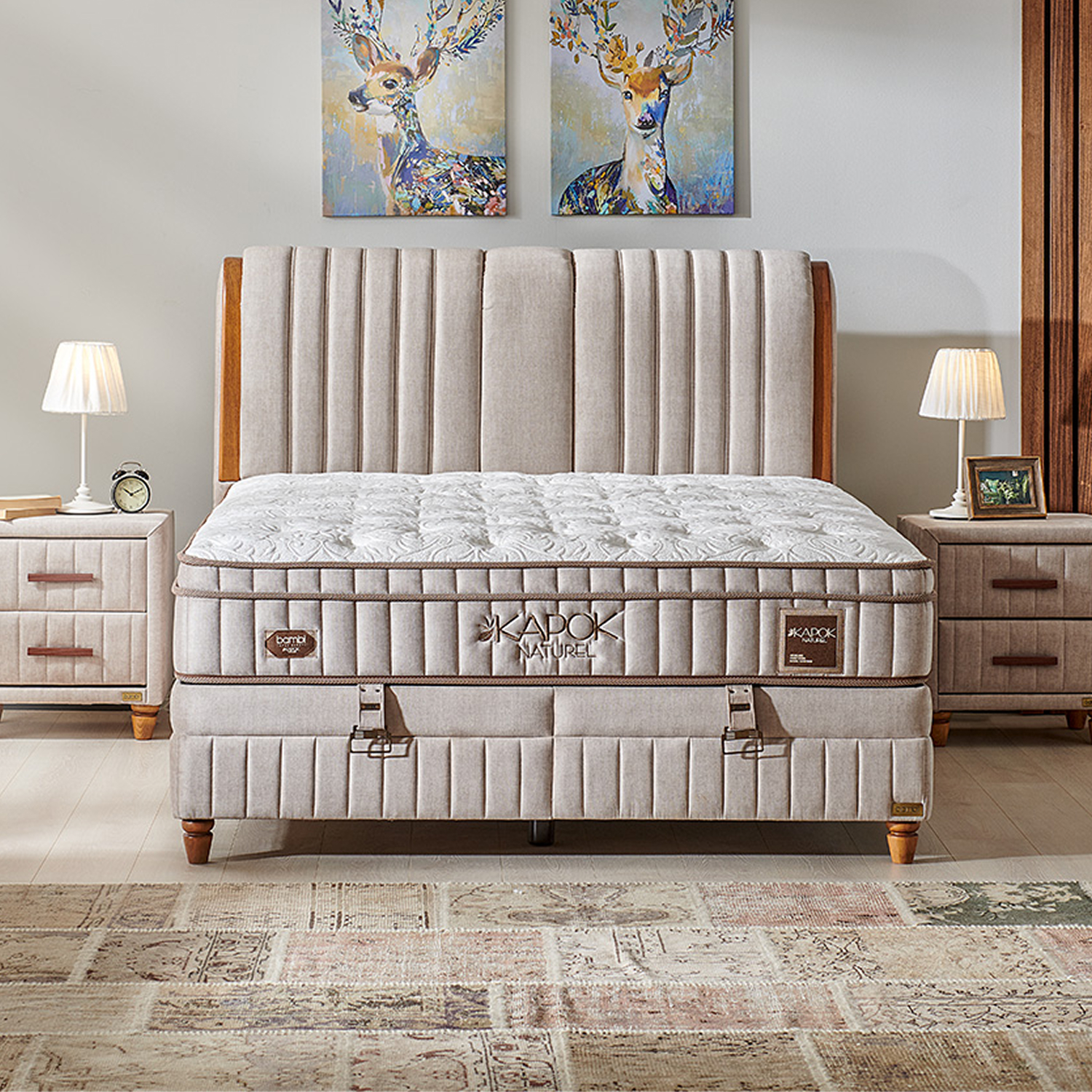 Boxspring Bambi KAPOK NATUREL avec coffre de rangement et matelas orthopedique à Liege vue de face