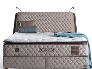 Boxspring avec coffre de rangement et matelas orthopedique hygienique aux mineraux de bore collection BORJEN de face