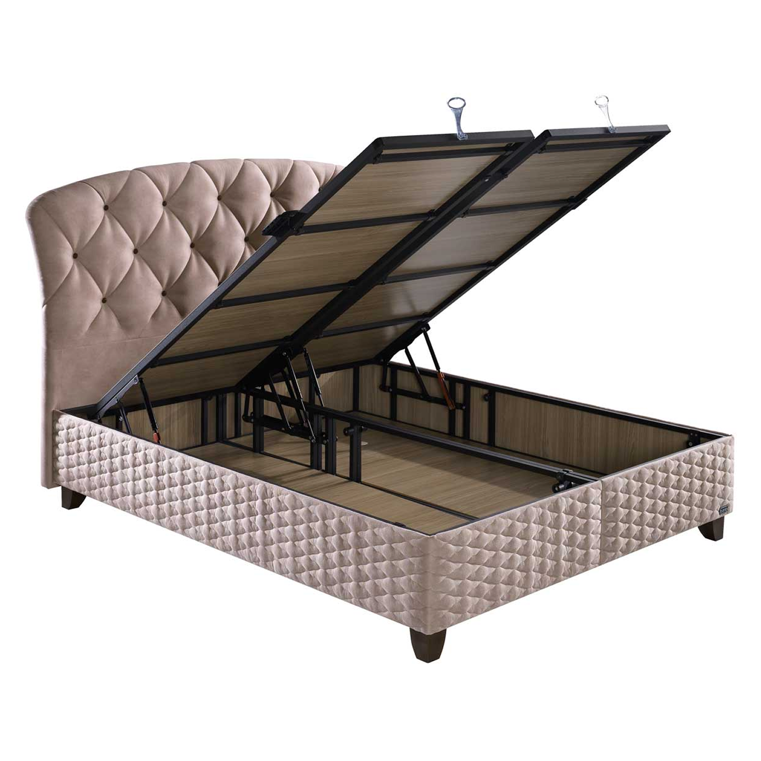 Boxspring avec coffre de rangement et matelas orthopedique reversile style raffine collection FRESHCELL PRIME ouvert
