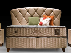 Boxspring avec coffre de rangement et matelas orthopedique reversile style raffine collection FRESHCELL PRIME vue de face