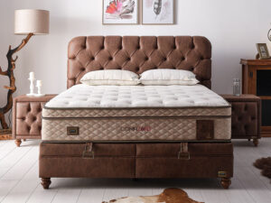 Boxspring avec coffre de rangement et matelas orthopedique a ressorts ensaches style confort elegant collection COMFIZONE vue de face