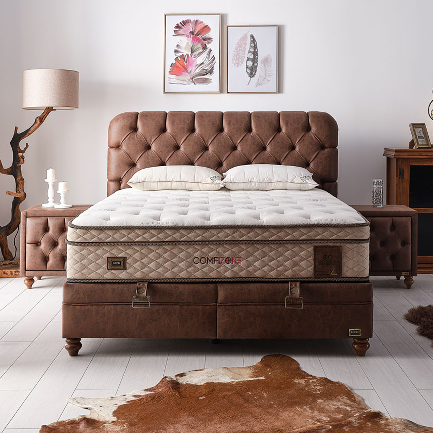 Boxspring avec coffre de rangement et matelas orthopedique a ressorts ensaches style confort elegant collection COMFIZONE vue de face