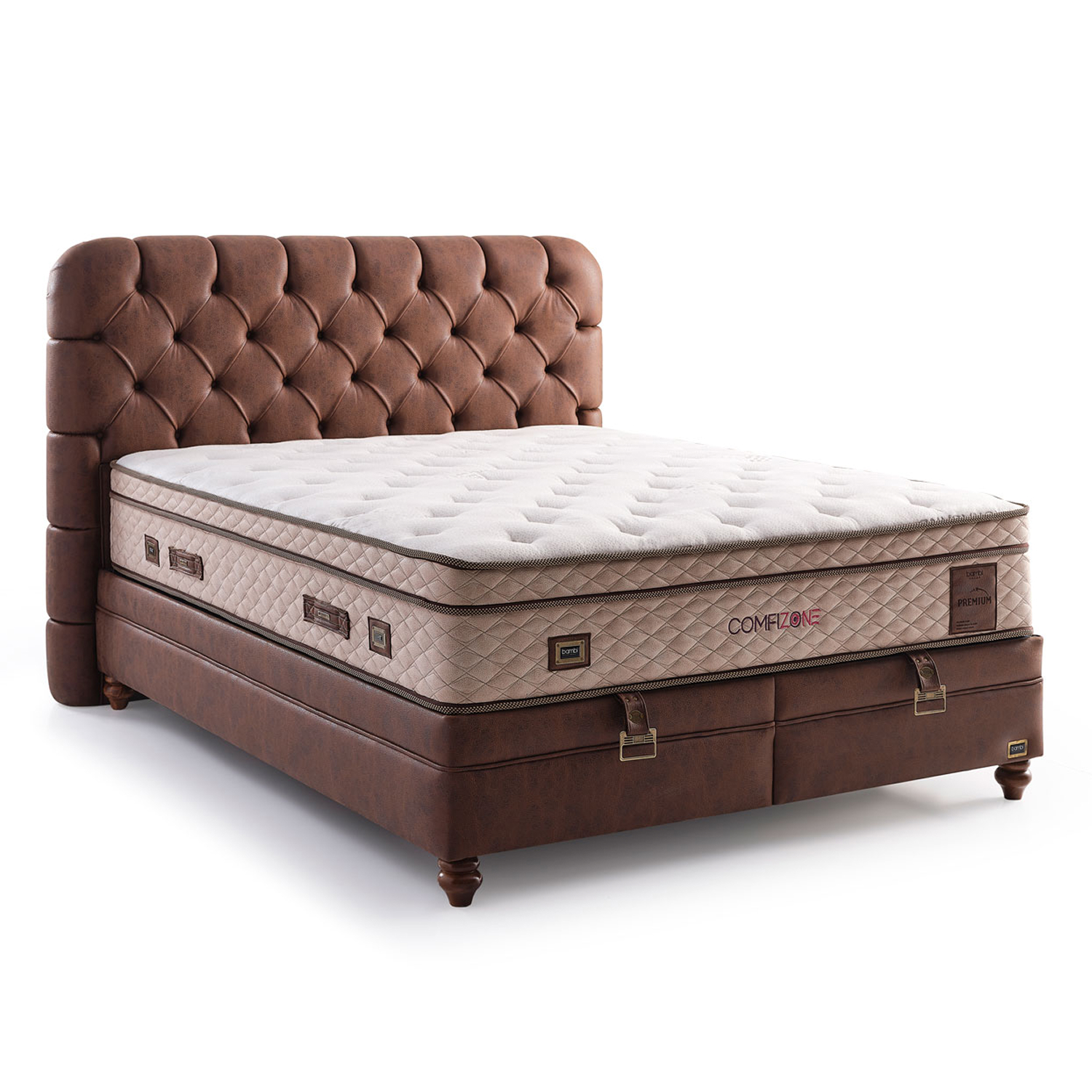 Boxspring avec coffre de rangement et matelas orthopedique a ressorts ensaches style confort elegant collection COMFIZONE vue latérale