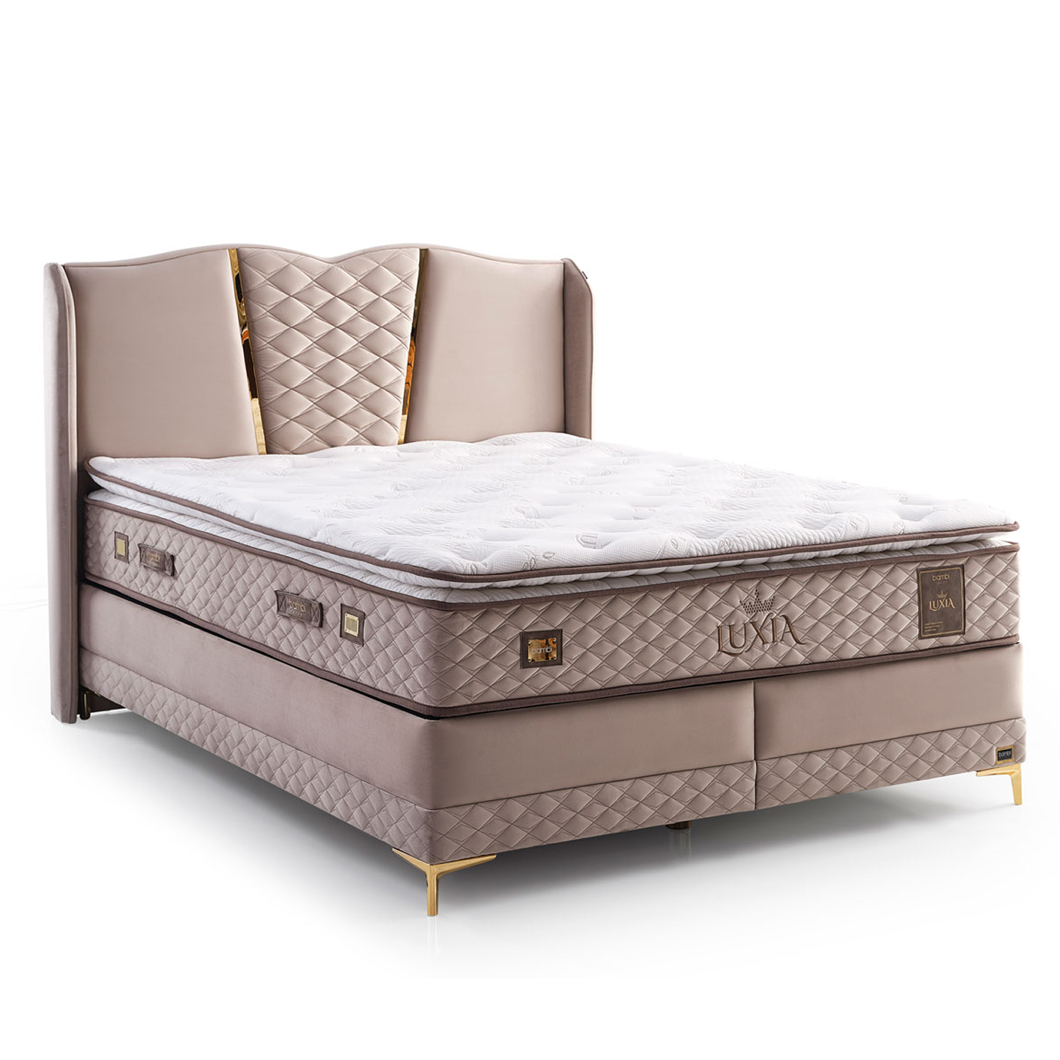 Boxspring avec coffre de rangement et matelas orthopedique en mousse hypersoft style beaute prestige collection LUXIA vue latérale