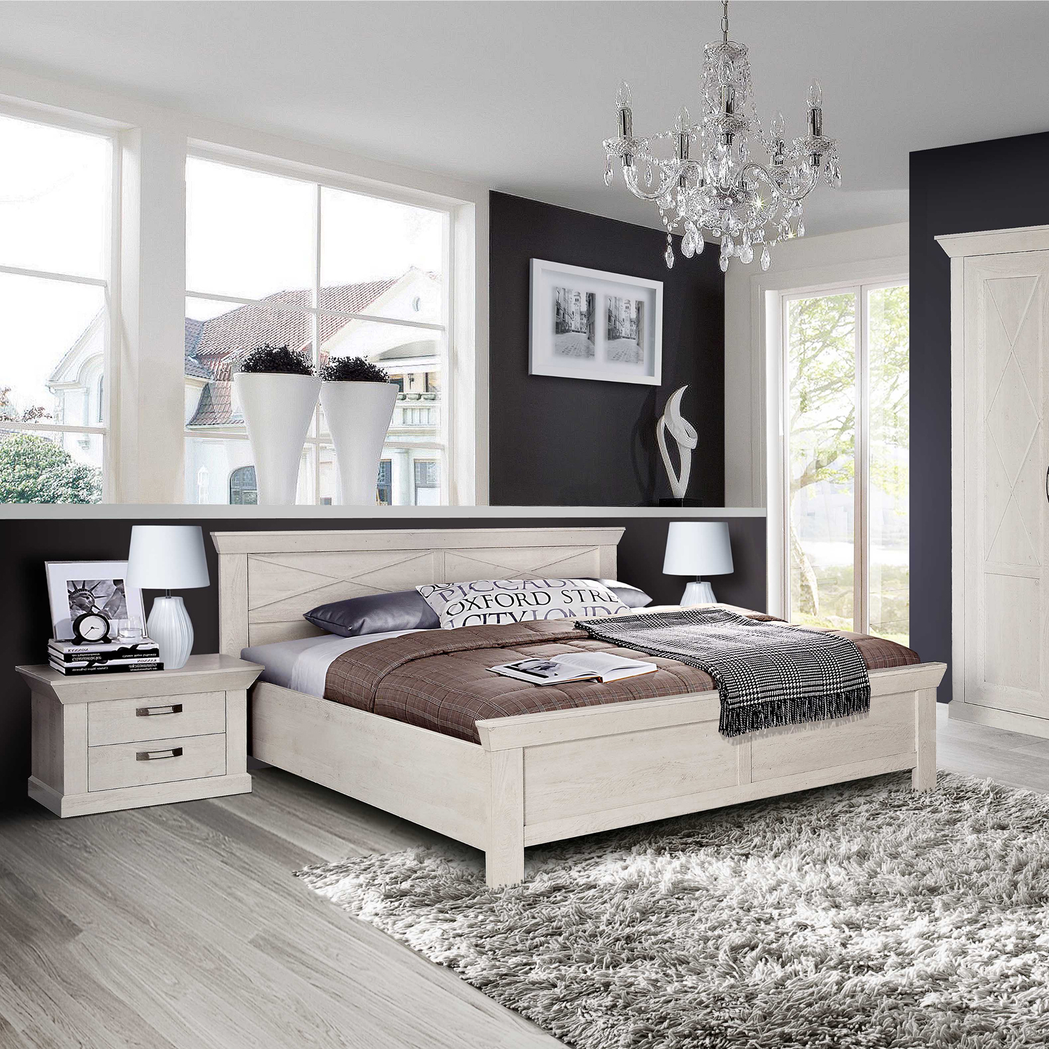 Chambre complete adulte style rustique moderne en bois blanc collection KASHMIR à Liège décor
