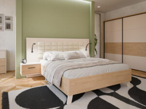 Chambre complete adulte moderne finition sable et bois collection RICCIANO à Liège Décor