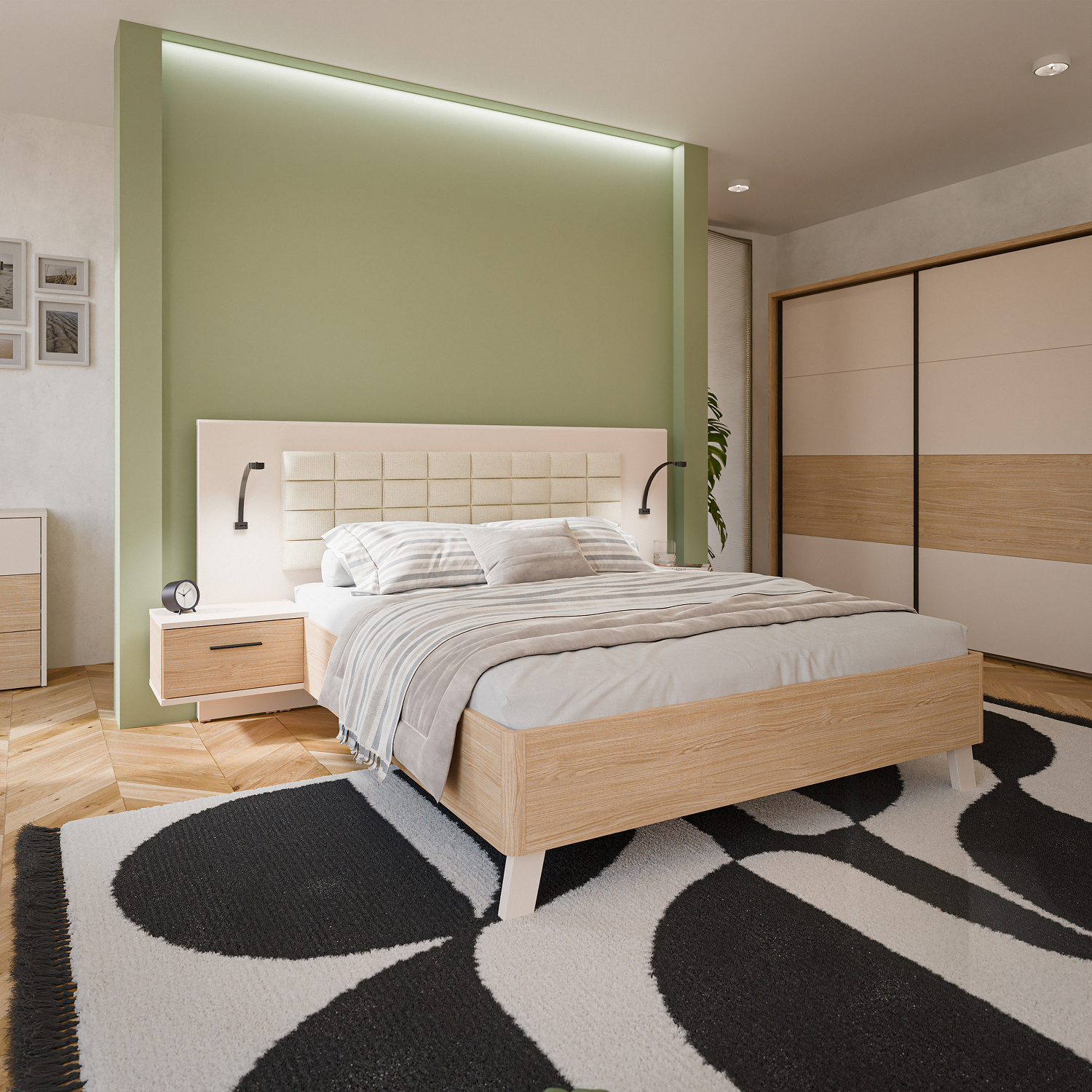 Chambre complete adulte moderne finition sable et bois collection RICCIANO à Liège Décor