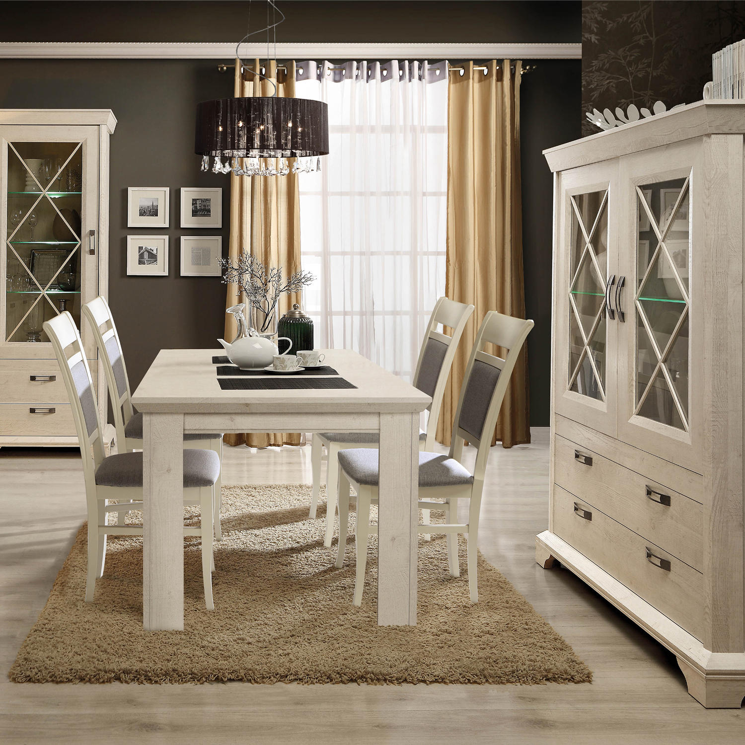 Salle a manger complete style rustique authentique et moderne en bois blanc collection KASHMIR à Liège Décor