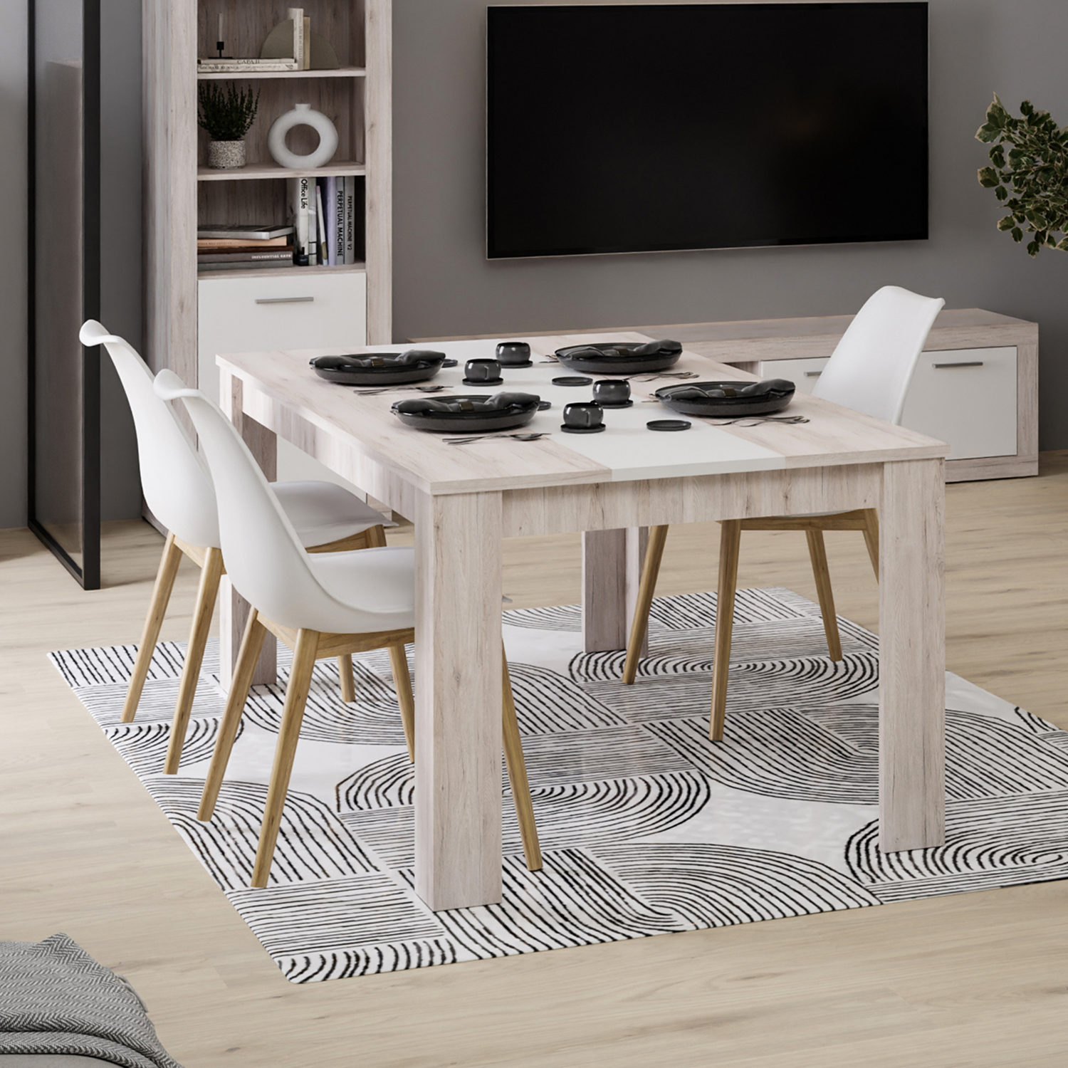 Table de repas rectangulaire blanche et chene naturel 160x90 cm collection BACCIO à Liège Décor