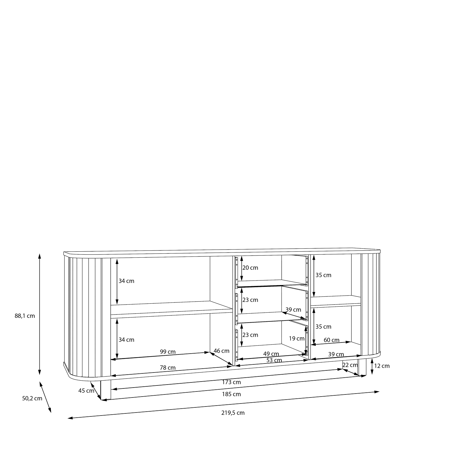 Buffet dressoir FORMSWIFT chene Mauvella cotes arrondis lamelles mesures Liege