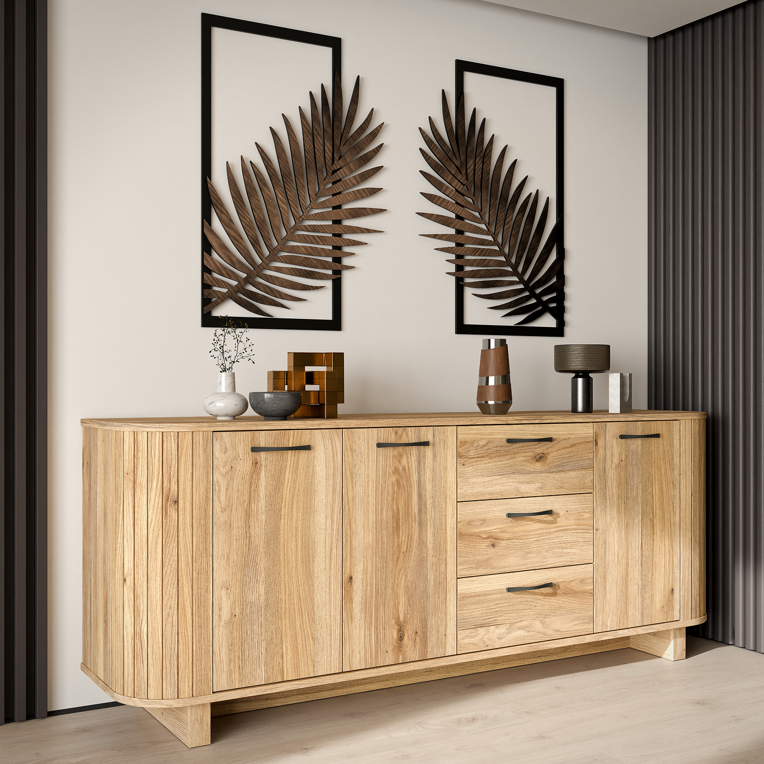 Buffet dressoir FORMSWIFT salle a manger moderne bois clair authentique avec decor Liege