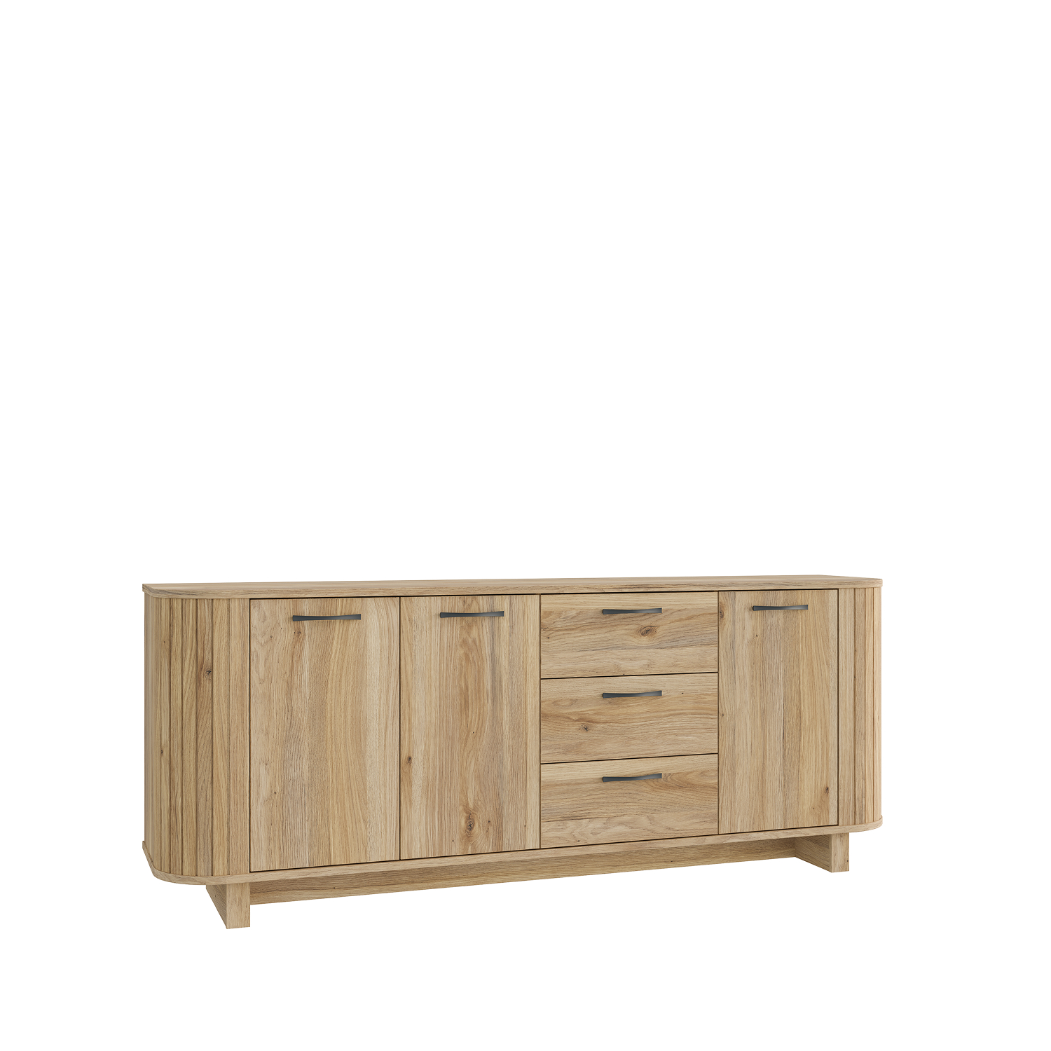 Buffet dressoir FORMSWIFT chene Mauvella cotes arrondis lamelles vue de cote Liege