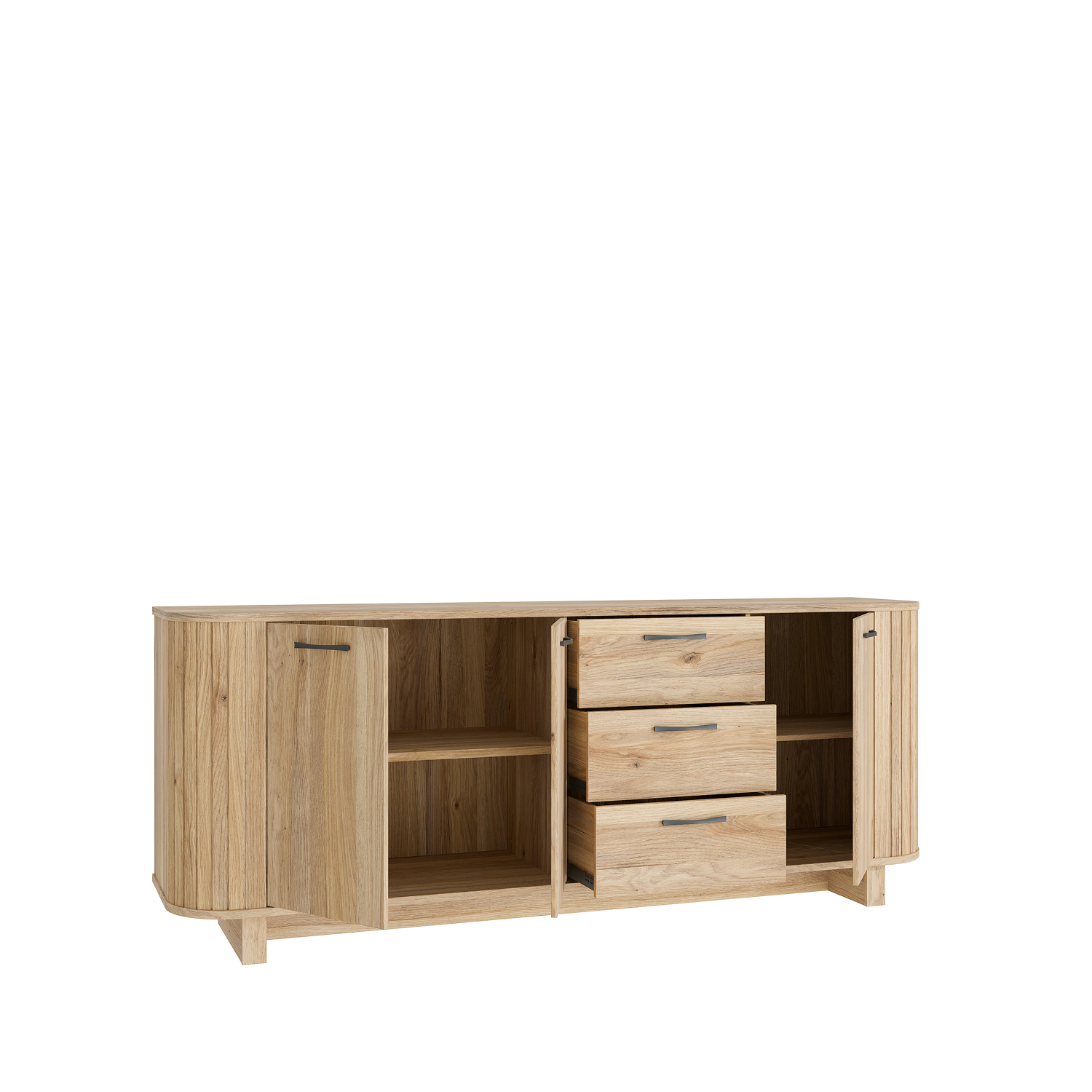 Buffet dressoir FORMSWIFT chene Mauvella cotes arrondis lamelles ouvert vue de cote Liege