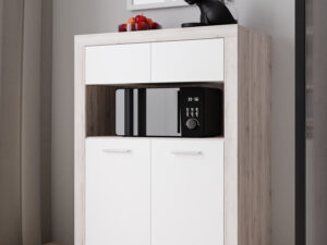 Buffet haut meuble bar 4 portes et 1 niche blanc mat et chene cendre collection BACCIO à Liege décor