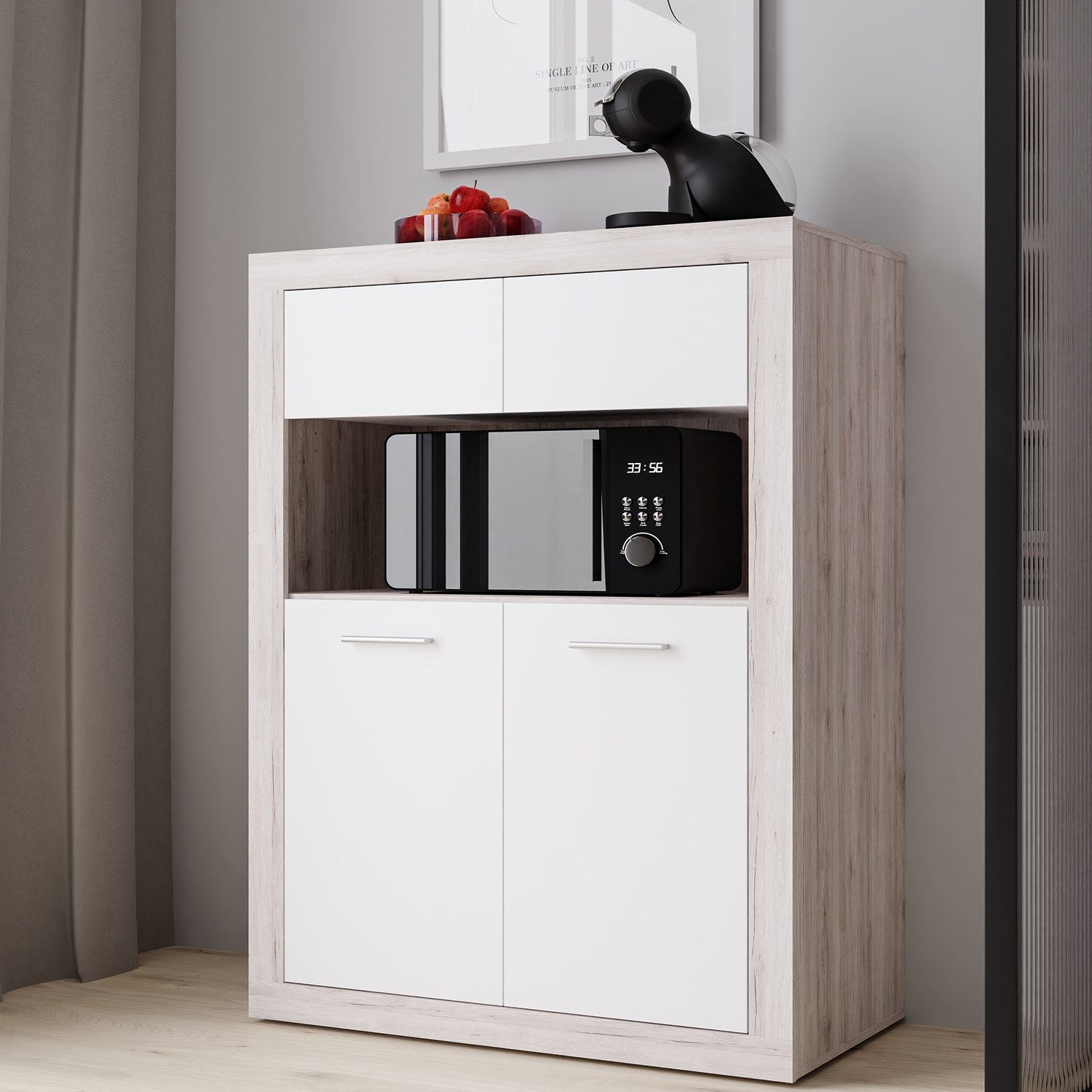 Buffet haut meuble bar 4 portes et 1 niche blanc mat et chene cendre collection BACCIO à Liege décor