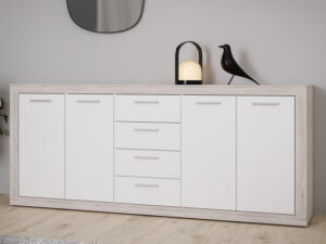 Dressoir 4 portes et 4 tiroirs blanc mat et chene cendre collection BACCIO à Liege