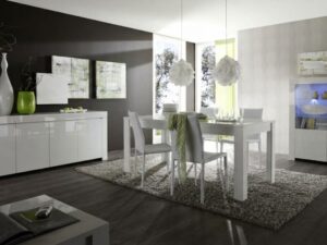Ensemble salle a manger AMALFI sejour lumineux moderne blanc laque avec decor Liege