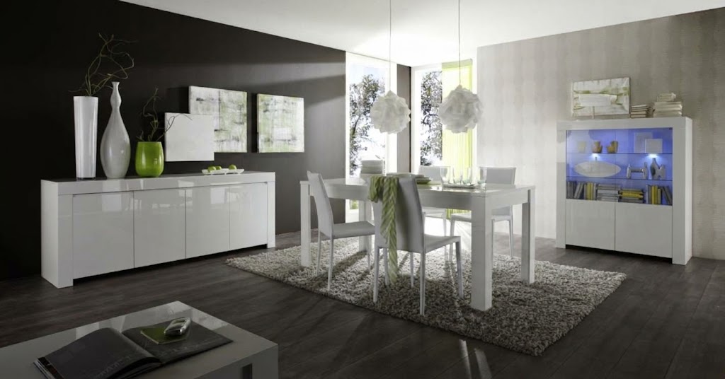 Ensemble salle a manger AMALFI sejour lumineux moderne blanc laque avec decor Liege