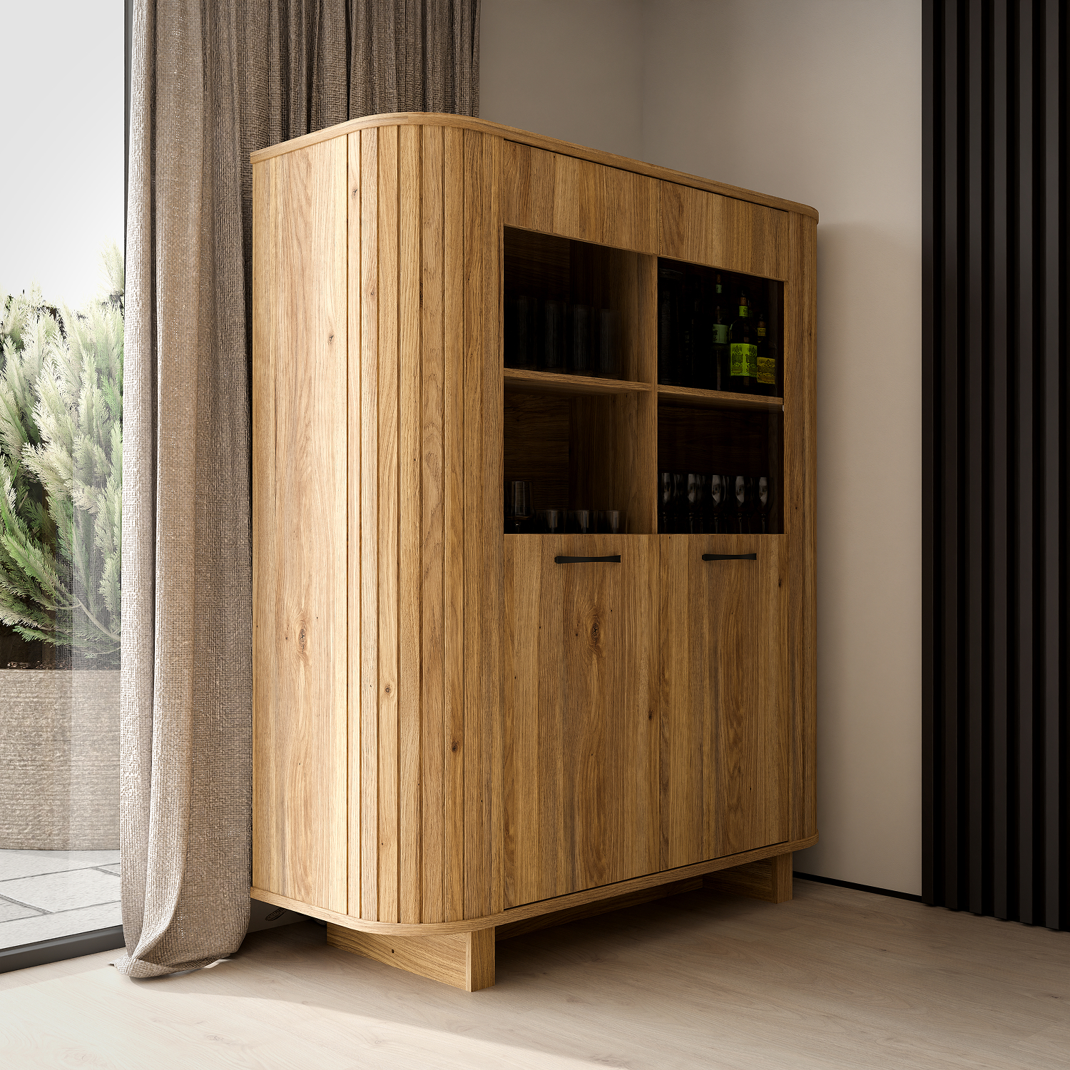 Ensemble salle a manger FORMSWIFT chene mauvella cotes arrondis Vitrine coin arrondi