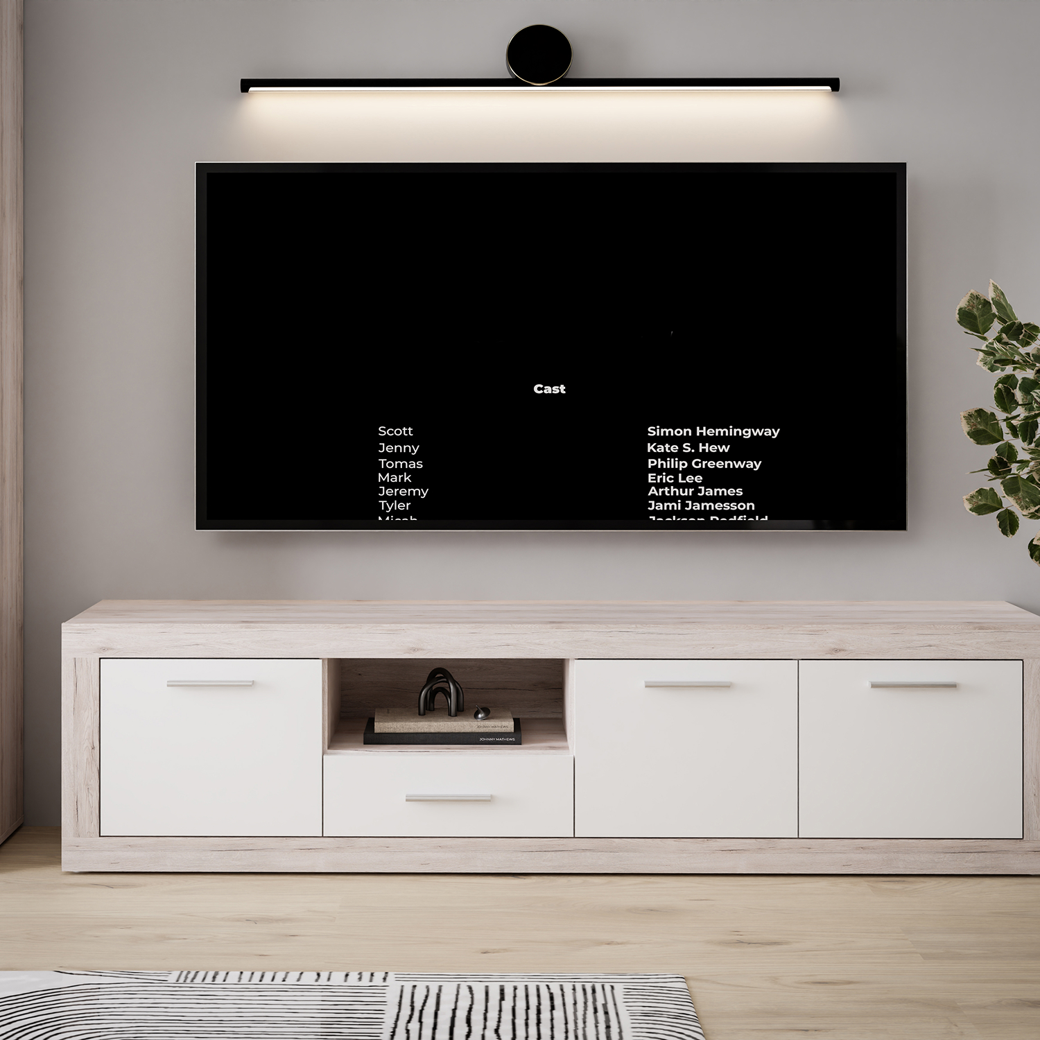 Meuble TV 3 portes 1 tiroir et 1 niche blanc mat et chene cendre collection BACCIO à Liège décor