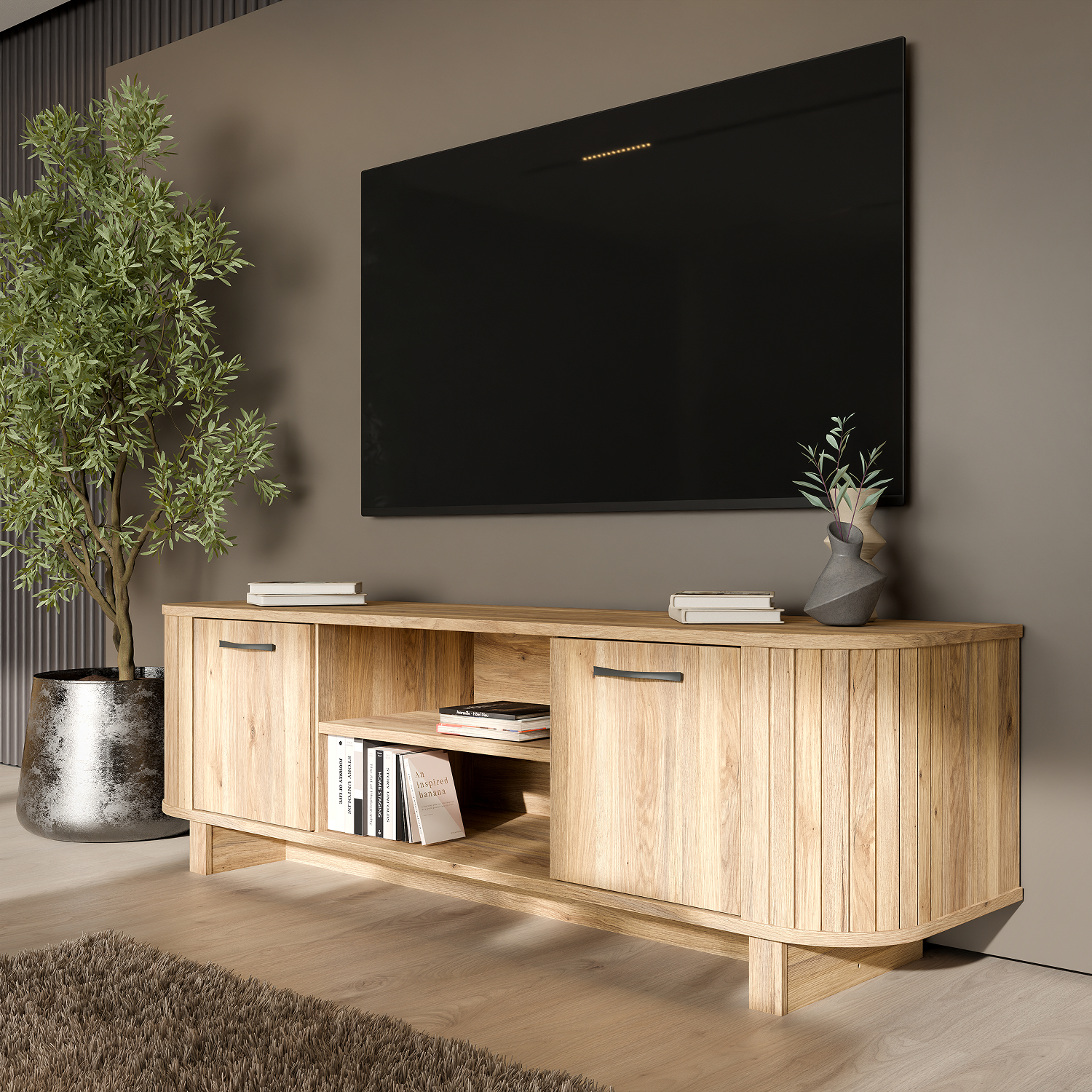 Meuble TV FORMSWIFT salon moderne bois clair authentique avec decor Liege
